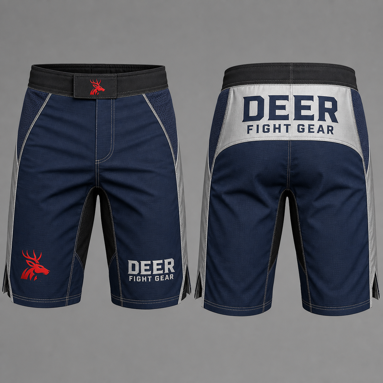 Navy Silver Long-Cut Grappling MMA Shorts