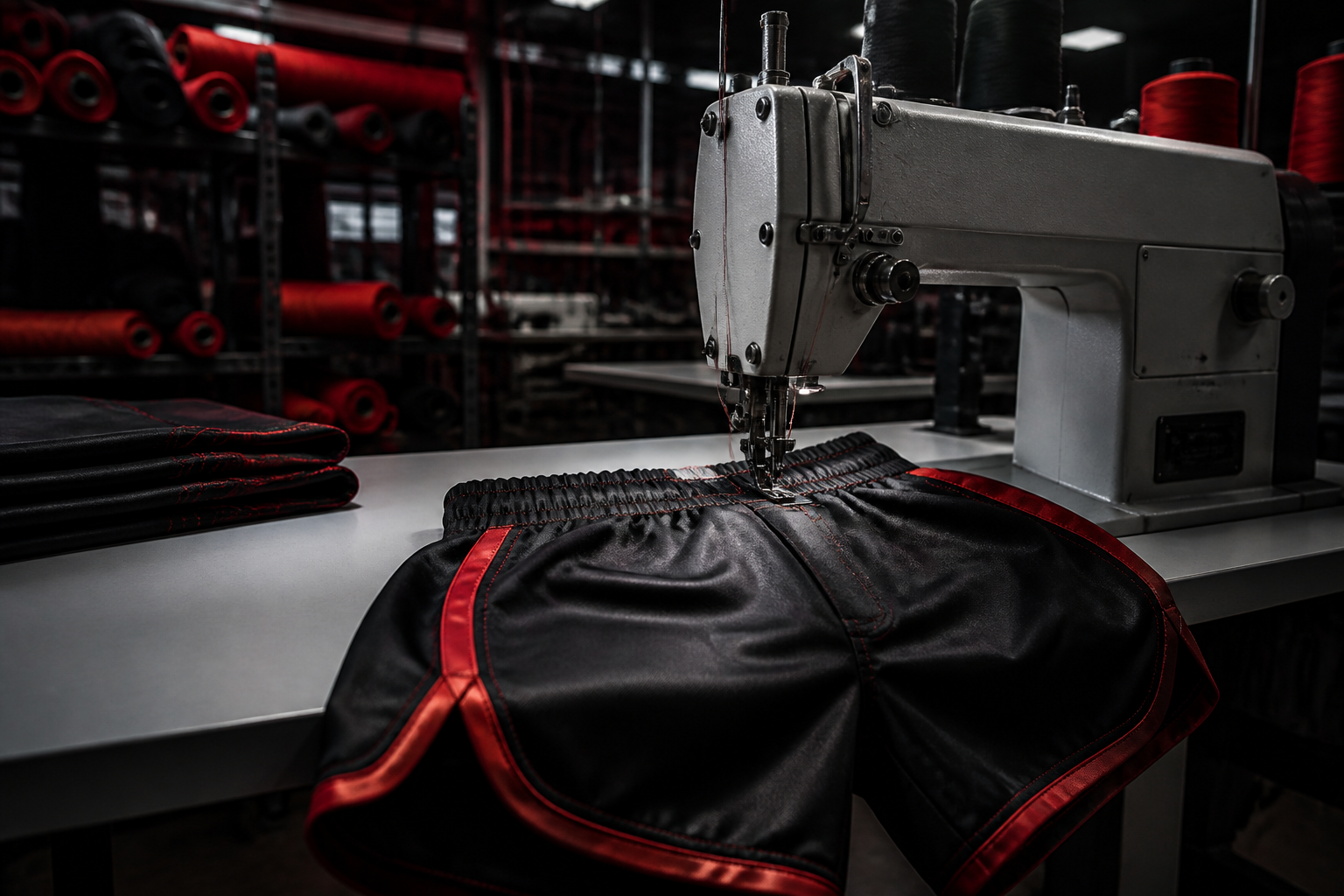 Industrial sewing of black fight shorts with red trim at Deer Fight Gear