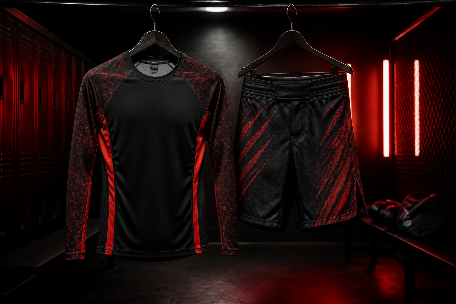 Black and red MMA rash guard and fight shorts in a dark locker room