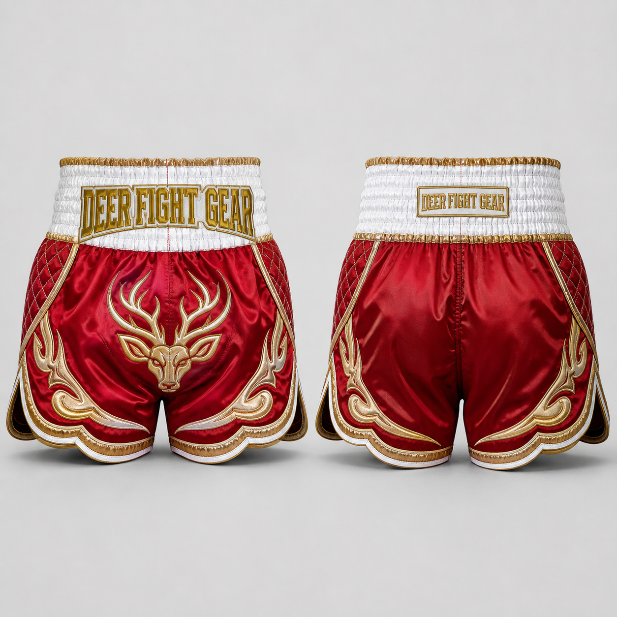 Traditional Crimson White Gold Scallop Muay Thai Shorts