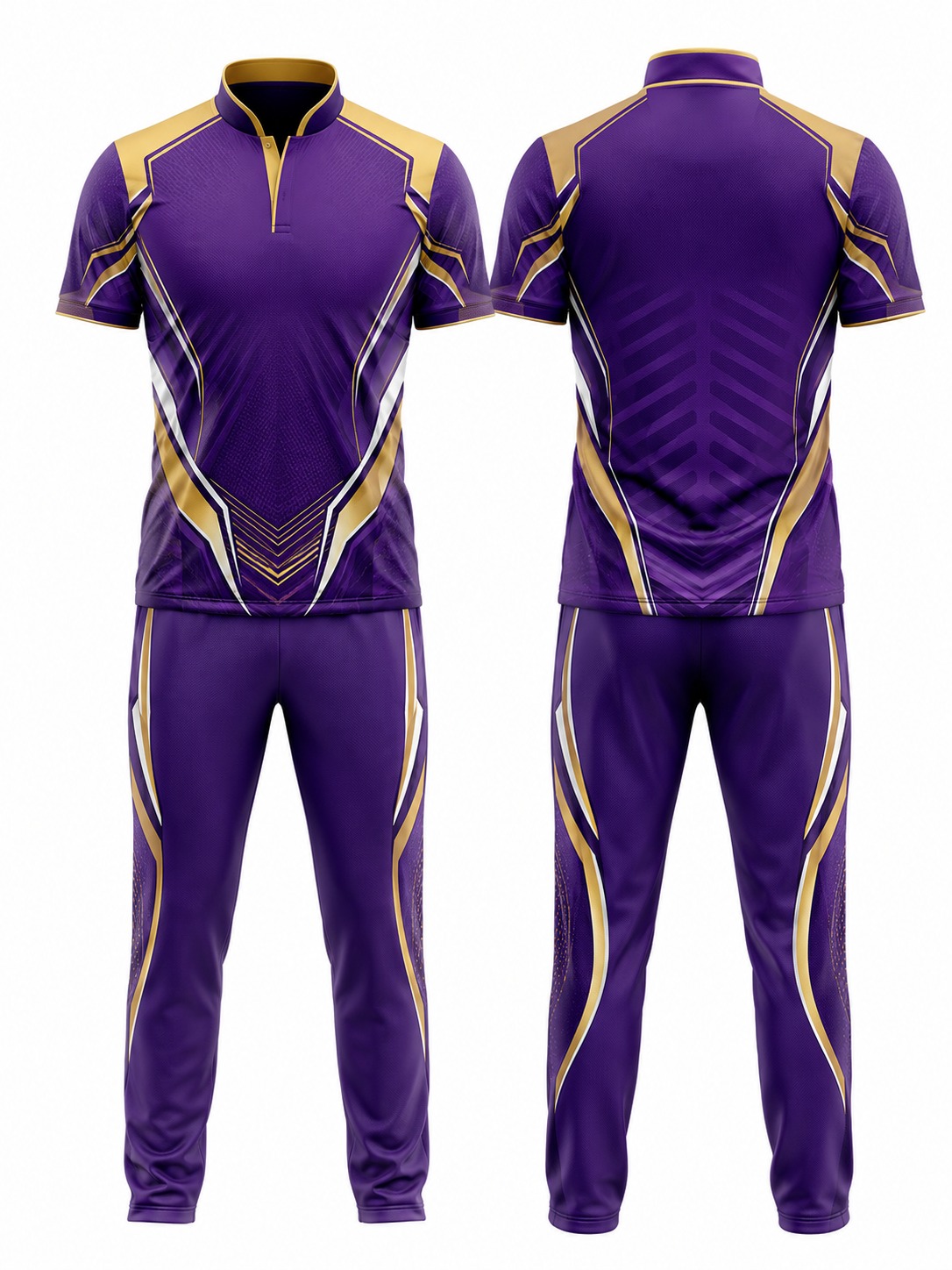 Custom Cricket Purple And Gold Athletic Uniform manufactured by Deer Fight Gear
