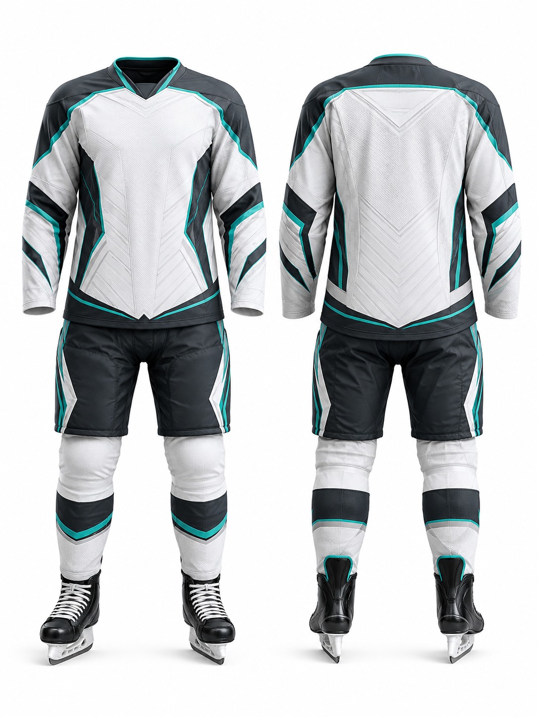 Custom Ice Hockey Aqua Charcoal Hockey Uniform manufactured by Deer Fight Gear